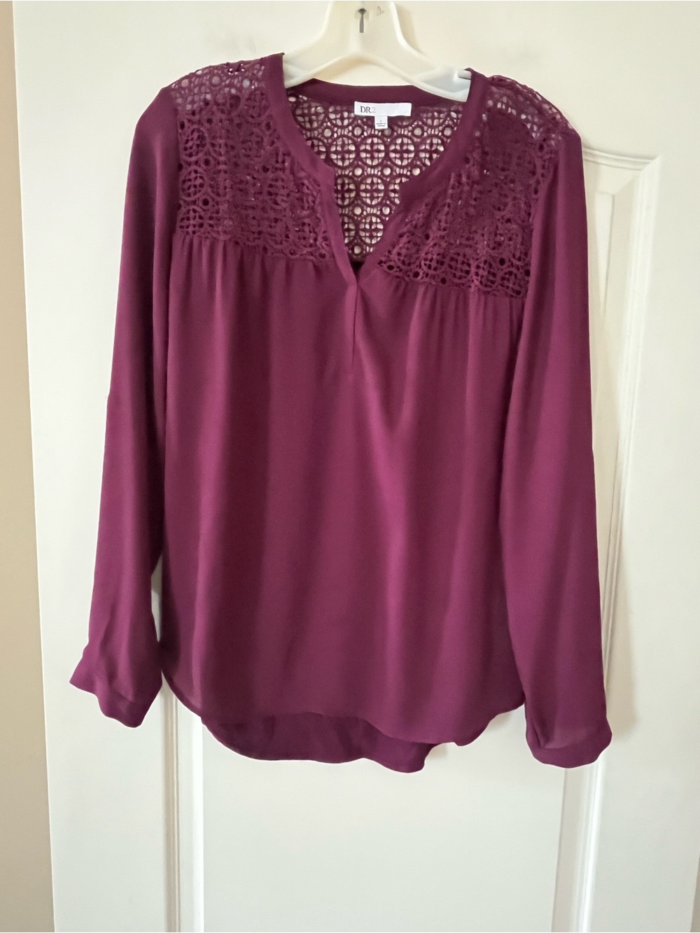 DR2 Designer Plum Lace Yoke Long Sleeve Blouse Women’s Size Small